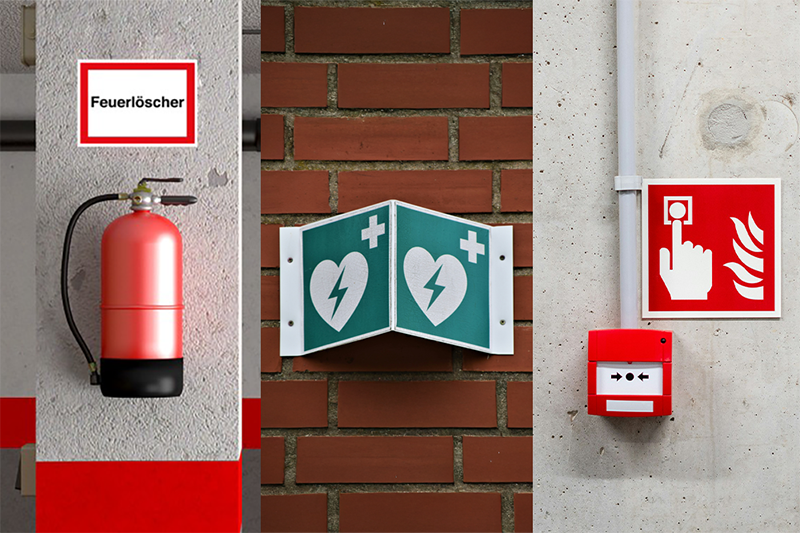 Erste Hilfe, Brandschutz und Feuermelder als Hinweisschilder